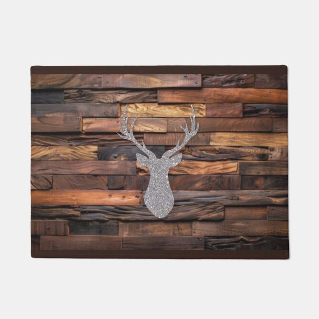 Christmas Wood Effect Deer Mat Silver (Front)