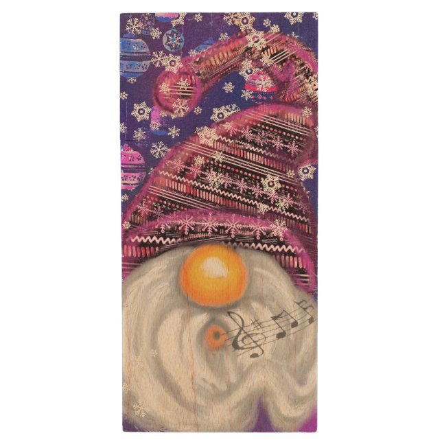 Christmas Wood Flash Drive Gnome In Purple Hat  (Front Vertical)
