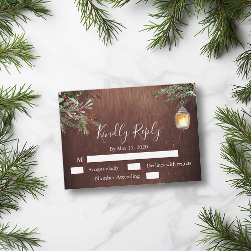 Christmas Wood Pine Winter Wedding RSVP  Note Card