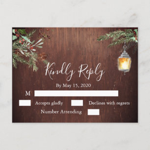 Christmas Wood Pine Winter Wedding RSVP Postcard