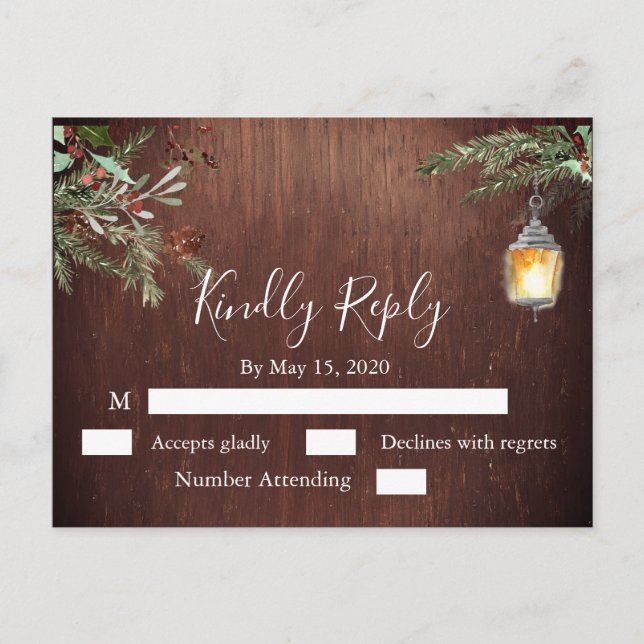 Christmas Wood Pine Winter Wedding RSVP  Postcard (Front)