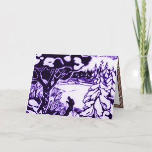 Christmas Woodcut, skier in the forest Holiday Card