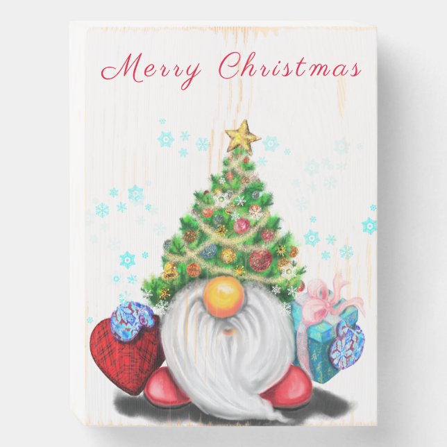 Christmas Wooden Box Gift Gnome with Gifts (Front Vertical)