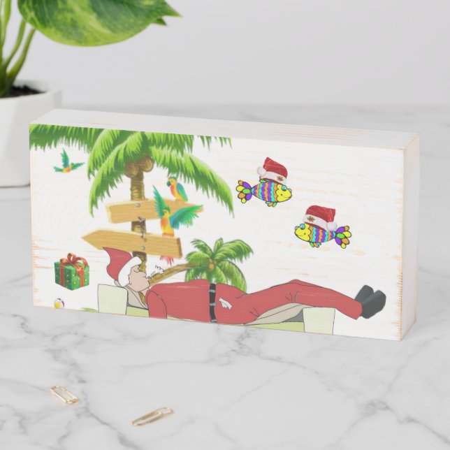 Christmas Wooden Box Sign, Summer Beach Santa (In Situ Horizontal)