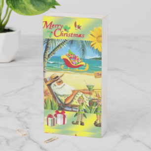Christmas Wooden Box Sign, Summer Beach Santa