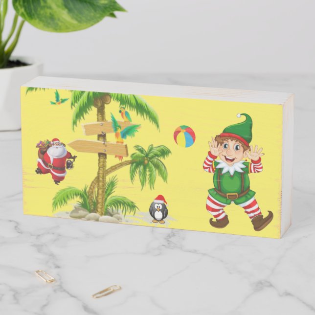 Christmas Wooden Box Sign, Summer Beach Santa (In Situ Horizontal)