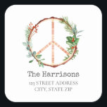 Christmas Wooden Peace Sign Address Square Sticker<br><div class="desc">Illustration of wooden peace sign decorated with Christmas botanical designs such as holly berries,  evergreen,  and mistletoe.  Personalize with name and address.</div>