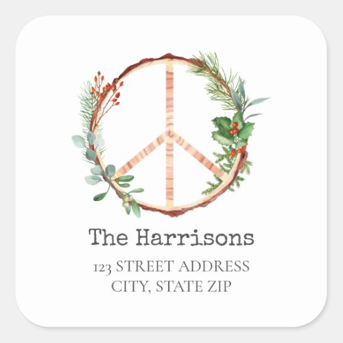 Christmas Wooden Peace Sign Address Square Sticker