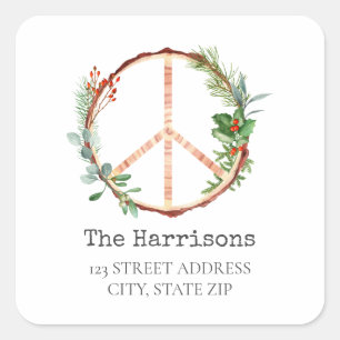 Christmas Wooden Peace Sign Address Square Sticker