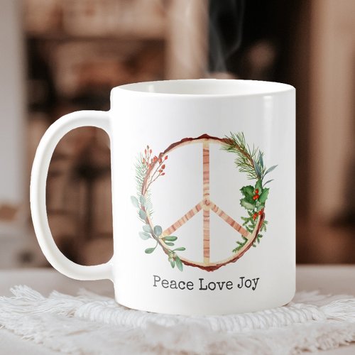 Christmas Wooden Peace Sign Peace Love Joy Coffee Mug