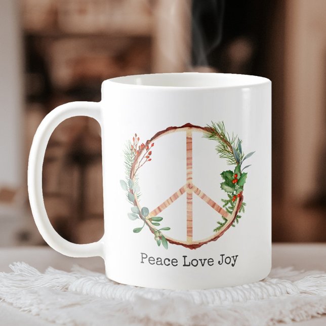 Christmas Wooden Peace Sign Peace Love Joy Coffee Mug (Creator Uploaded)