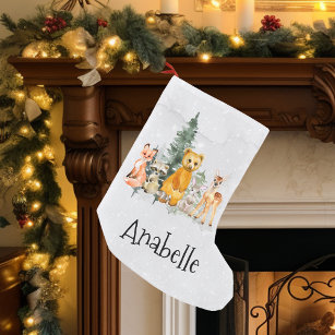 Christmas Woodland Animal Watercolor Name Small Christmas Stocking