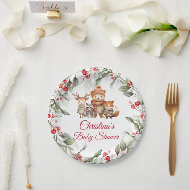 Christmas Woodland Animals Baby Shower Paper Plates (Wedding)