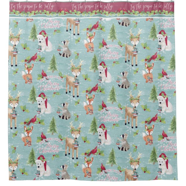 Christmas Woodland Animals Deer BearFox Raccoon Shower Curtain (Front)