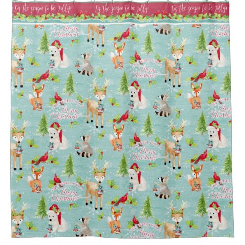 Christmas Woodland Animals Fox Deer Raccoon Bear Shower Curtain