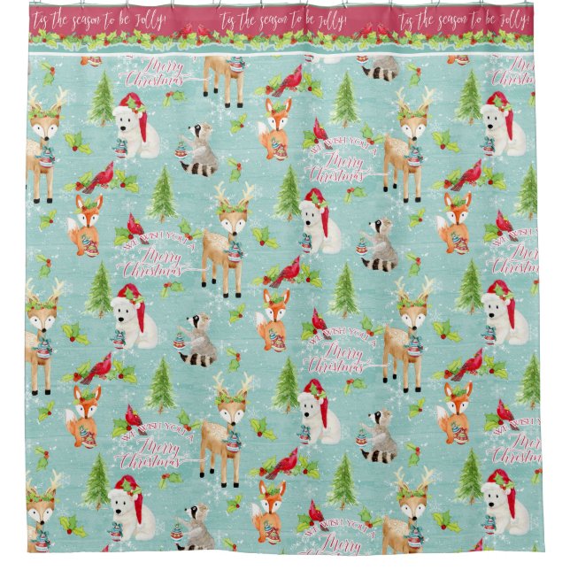 Christmas Woodland Animals Fox Deer Raccoon Bear Shower Curtain (Front)