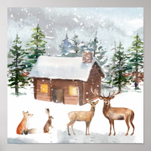 Christmas, woodland animals, log-cabin poster