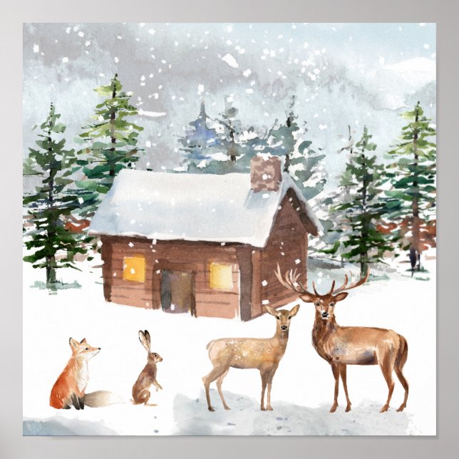 Christmas, woodland animals, log-cabin poster (Front)