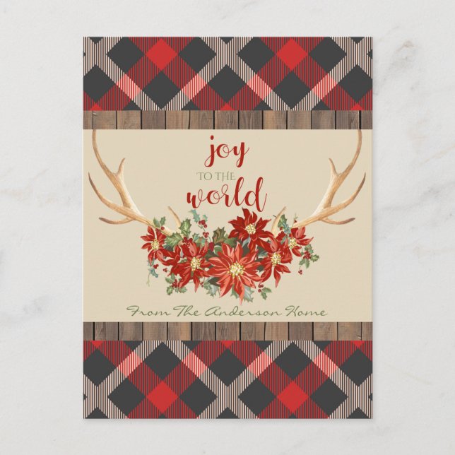 Christmas Woodland Antlers Red Plaid Holiday Postcard (Front)