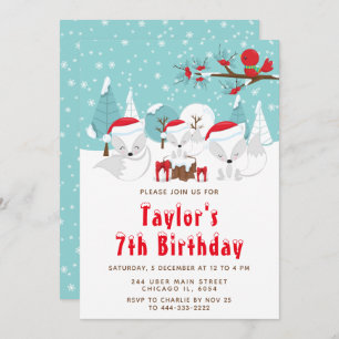 Christmas Woodland Arctic Fox Birthday Party Invitation