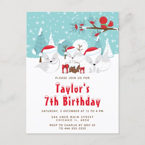 Christmas Woodland Arctic Fox Birthday Party Postcard