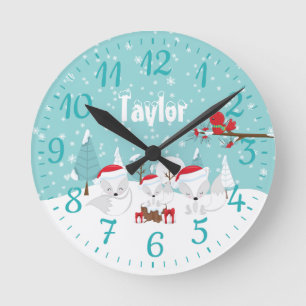 Christmas Woodland Arctic Foxes Round Clock