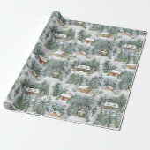 Christmas Woodland Cabins Watercolor Wrapping Paper (Unrolled)
