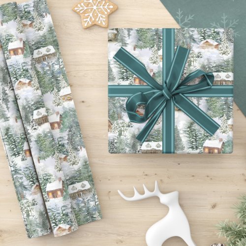 Christmas Woodland Cabins Watercolor Wrapping Paper