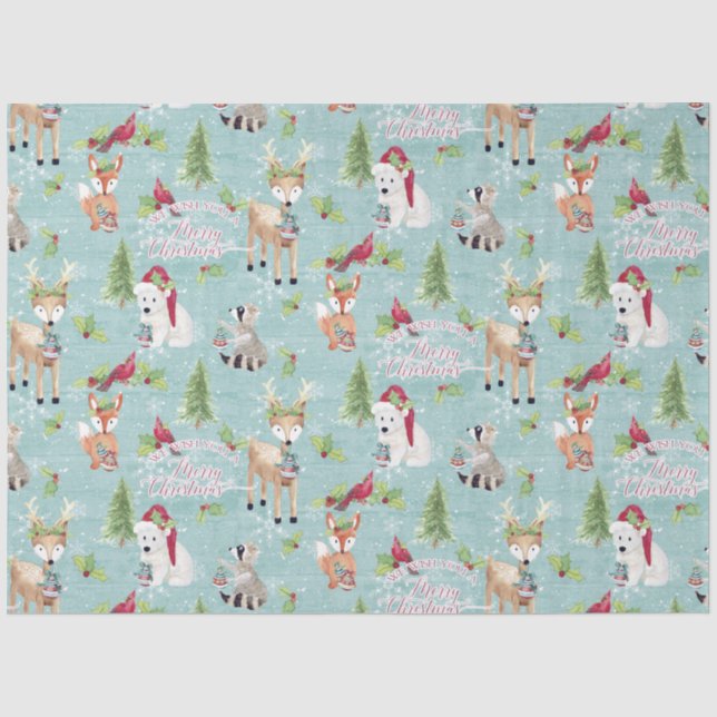 Christmas Woodland Deer Bear Animals Dusty Blue Tissue Paper (Front)
