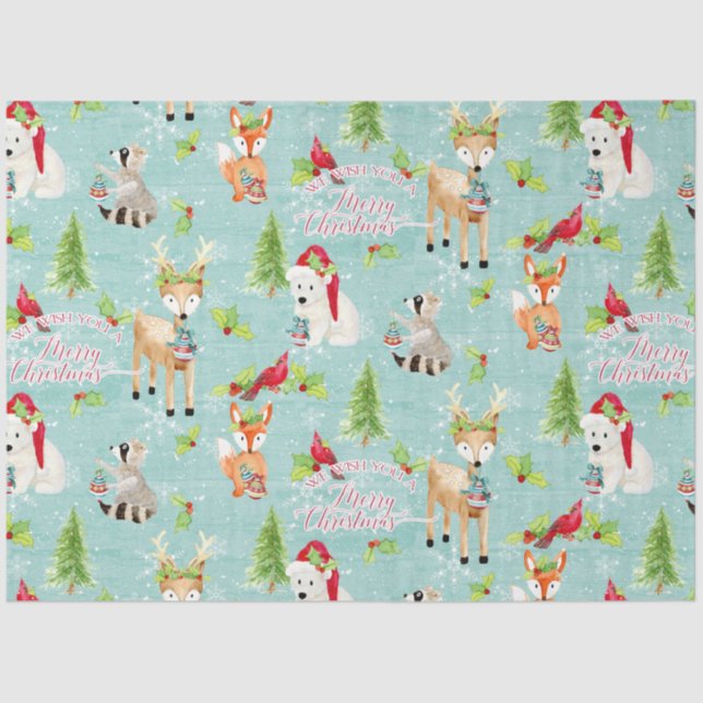 Christmas Woodland Deer Bear Animals Red n Blue Tissue Paper (Front)