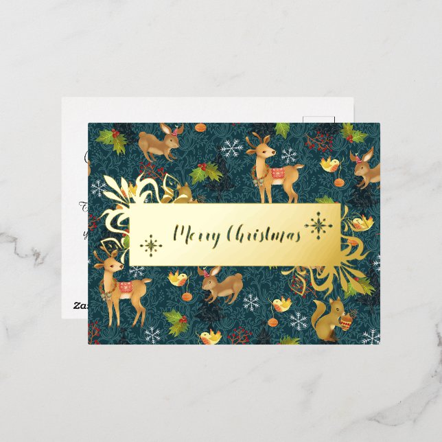 Christmas Woodland  Navy. Personalized.Gold.   Foil Holiday Postcard (Front/Back)
