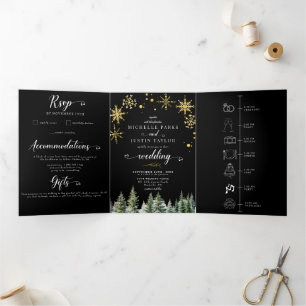 Christmas Woodland Pine Trees Wedding Tri-Fold Invitation