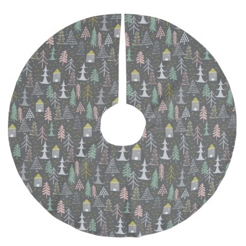Christmas Woodland Village Scandinavian Doodle  Brushed Polyester Tree Skirt