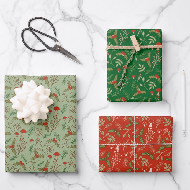 Christmas Woodlands Red, Pine, and Celadon Wrapping Paper Sheets (Front)