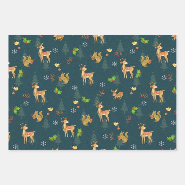 Christmas Woodlands Wrapping Paper Flat  Navy (Front)
