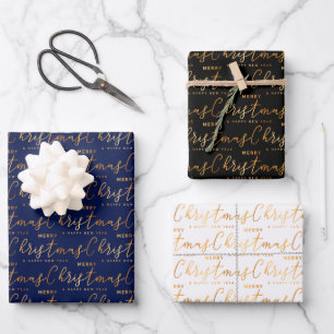 Christmas Word Art on Navy Blue, Black and White Wrapping Paper Sheets