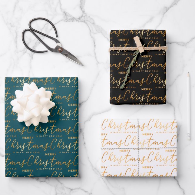 Christmas Word Art on Teal, Black and White Wrapping Paper Sheets (Front)