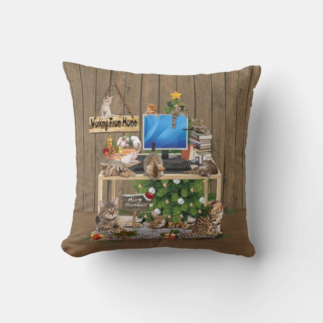 Christmas-Working from Home with my Cats Throw Pillow (Front)