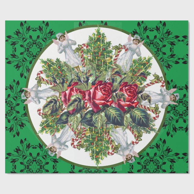 CHRISTMAS WRAPPING ANGELS ROSES CHRISTMAS TREES PAPER (Flat)