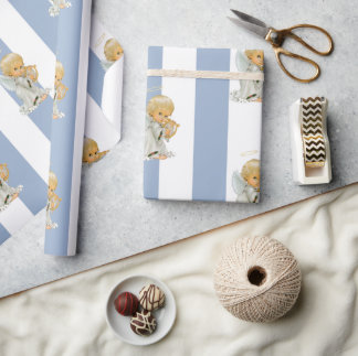 Christmas Wrapping Blue & White Stripe Angel Baby Wrapping Paper