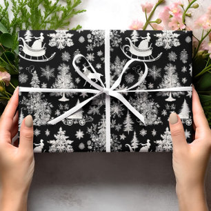 Christmas Wrapping Paper Black White Toile Xmas