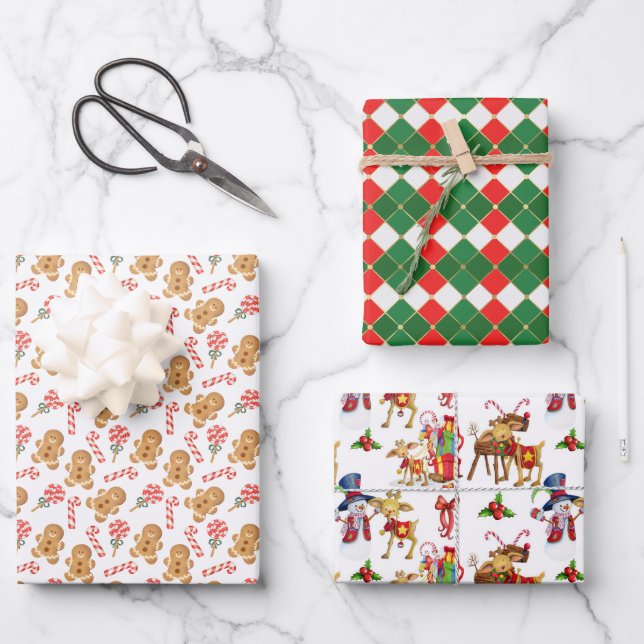 Christmas Wrapping Paper Flat Sheet Set of 3 (Front)