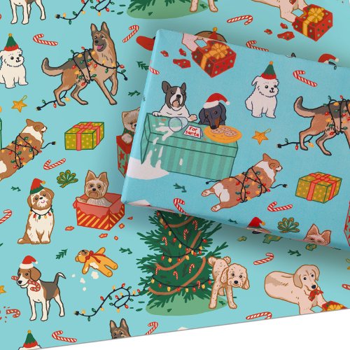 Christmas Wrapping Paper _ Funny Cute Dogs Blue