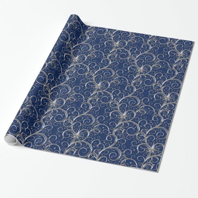Christmas Wrapping Paper-Majesty Silver Swirls Wrapping Paper (Unrolled)