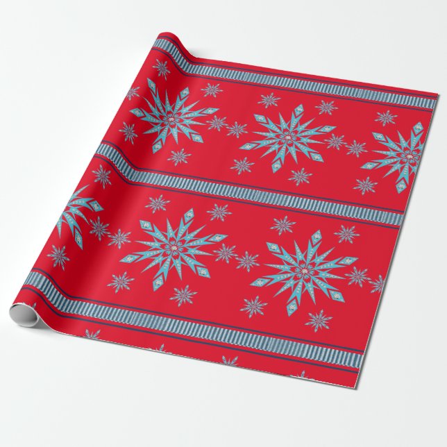 Christmas Wrapping Paper Snowflakes Red (Unrolled)