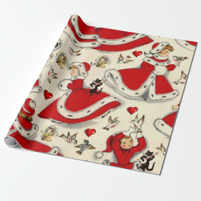 Christmas Wrapping Paper Vintage Kitten (Unrolled)