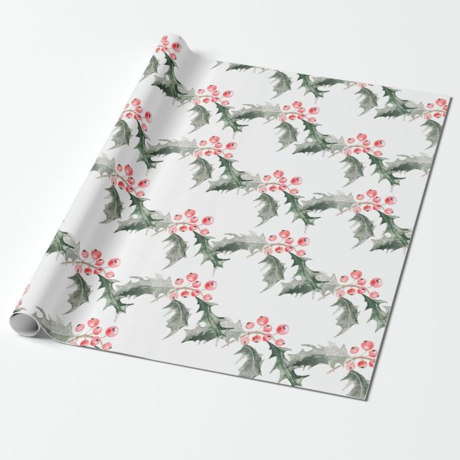 Christmas Wrapping Paper Watercolor Botanical (Unrolled)