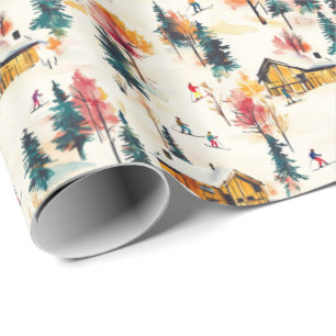 Christmas Wrapping Paper With Colorful Ski Lodge