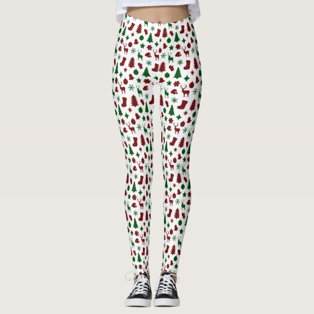 Christmas Wrapping Paper Xmas Trees Stocking Plaid Leggings (Front)