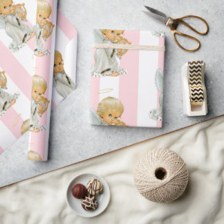 Christmas Wrapping Pink & White Stripe Angel Baby Wrapping Paper